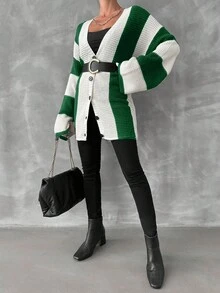 EURMUSE Women'S Striped Color Block Drop Shoulder Cardigan - Green - View 4