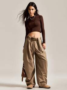 Easelle Vintage Nomadic Waist Drawstring Design Curved Blade Comfortable Casual Women Curved Blade Pants Oversized Pants Drawstring Pants Wide Pants Pleated Pants Loose Pants - Brown - View 6