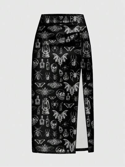 Goth Dark Raven Academy Mysterious Lab Skull, Moth, Spider, Bat Dark Horror Forest Print Sexy High Slit Women Skirt, Halloween