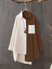 SHEIN LUNE Plus Size Casual Color Block Asymmetrical Hem Shirt - Multicolor - View 1