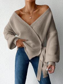 EURMUSE Women's Wrap Tie Sweater - Beige - View 4
