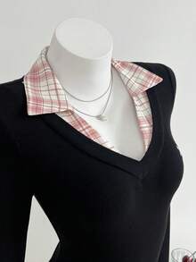 Elamini Women's Fitted Cinched Waist Patchwork Collar Plaid Pattern Button Cuff Long Sleeve Blouse, Versatile Office Wear, Y2K Bodysuit Preppy Tops European Style Clothes Grunge Clothes For Women