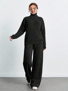 SHEIN Tall 高領落肩袖毛衣與長褲套裝，適合高個子女性 - 黑色 - 查看 4