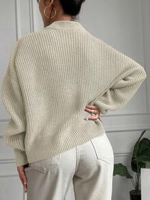 EURMUSE 1pc Women Casual Solid Button Down Drop Shoulder Cardigan For Autumn/Winter - Beige - View 2