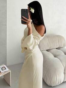 Aloruh Vestido maxi body con de cuello en V, con mangas abullonadas y drapeado, estilo elegante, color rosa, adecuado para el Día de San Valentín