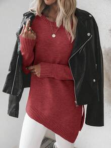 EMERY ROSE Women's Solid Color Round Neck Asymmetric Hem Long Sleeve Sweater, Autumn/Winter - Burgundy - View 3