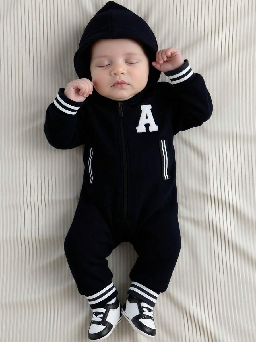 Baby Lässig Sport Patch Farbblock Reißverschluss Kapuzen Romper, bequemer Lässig Jumpsuit, geeignet für Babyjungen/-mädchen, geeignet für Herbst/Winter