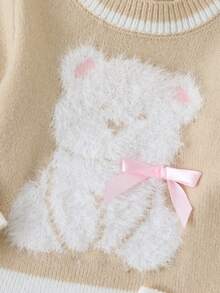 Souflis Souflis Vestido de línea A de punto jacquard con cuello redondo y decoración de lazo hecho a mano, bajo plisado, cómodo para salidas, viajes y uso en casa para niñas bebé - Albaricoque - Ver 4