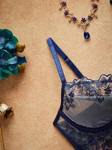 SHEIN Sutien de damă transparent cu dantelă brodată, bleumarin, cu model lifting - Albastru regal - Vizualizare 3