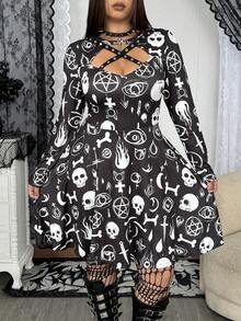 Whyspr Plus Size Women Gothic Style Skull Print Criss-Cross Long Sleeve Dress