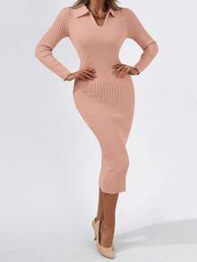 Cloudara Solid Ribbed Knit Sweater Dress - Dusty Pink - View 6