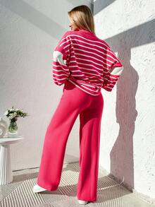 EURMUSE 2pcs/Set Stripe Polo Collar Sweater - Hot Pink - View 2