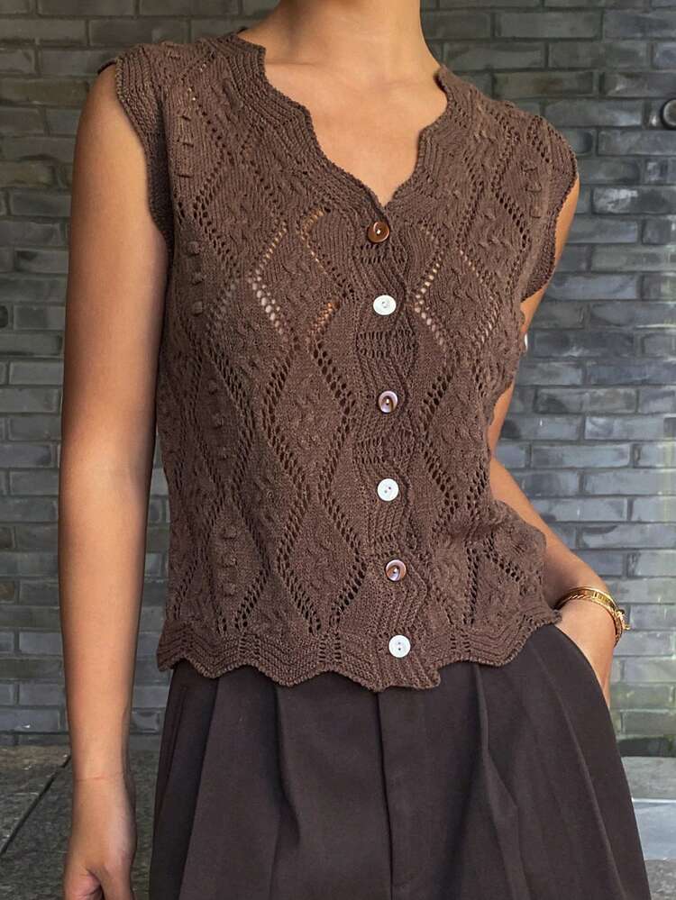 Women's Summer V-Neck Hollow Out Cropped Fitted Casual Knit Tank Top Vacation