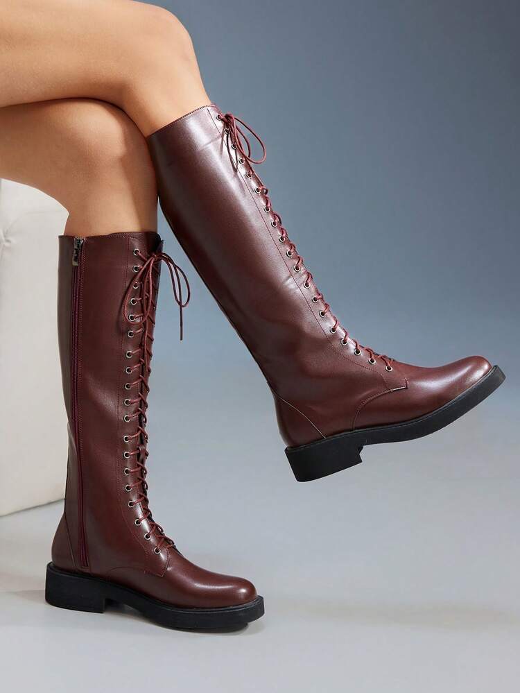 CUCCOO GRLICON Women Round Toe Lace-Up Knee-High Boots, Suitable For Back To School, Y2K, Halloween, Christmas, Party Outfits