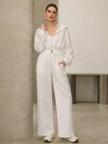 Mulvari 2pcs Women's Fashion Hooded Zipper Jacquard Slim Sweatshirt And Wide Leg Pants Set, Autumn - White - View 8