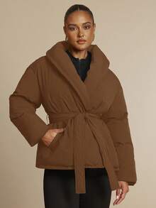 Silquee Women's Solid Color Minimalist Casual Long Sleeve Padded Coat - Brown - View 3