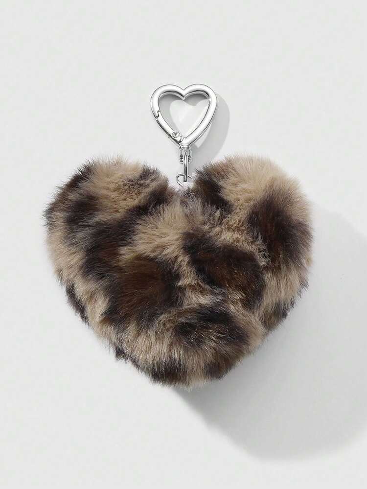ROMWE Kawaii 1pc Random Color Y2K Minimalist Fashionable Vintage Casual High-Quality Pink/Burgundy/Brown/Gray Leopard Print Plush 3D Heart DIY Keychain Bag Charm, Suitable For Sisters, Best Friends, Couples, Women, Daily Wear, Holiday Gift - Multicolor - View 20