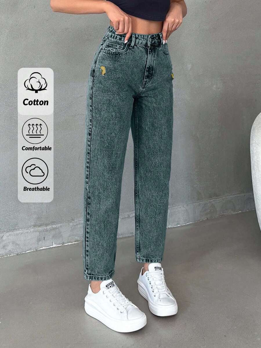EURMUSE Women's High Waist Pocket Distressed Tapered Casual Jeans - Dusty Blue - View 1