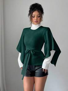 Elenzga Women's Solid Color Round Neck Bell Sleeve Knotted Waist Fashionable Sweater, Autumn/Winter - Dark Green - View 4