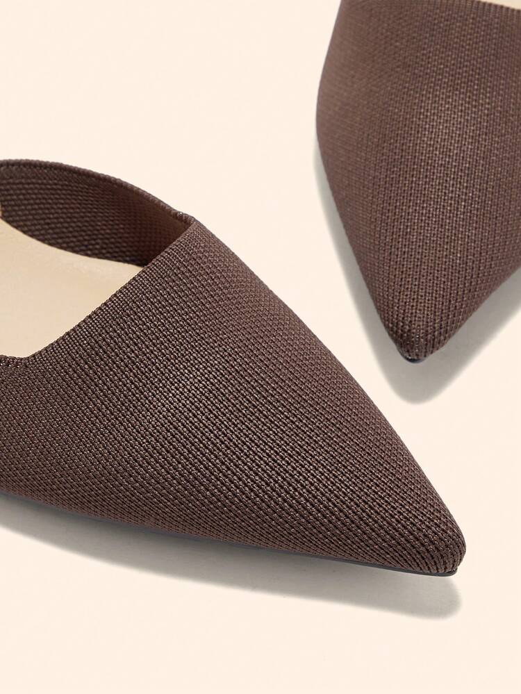 CUCCOO BASICS Coffee-Color Knitted Material Pointed Toe Kitten Heel Women's Slip-On Flats, Fashionable, Comfortable, Breathable, Versatile For Daily Wear And Work Spring Shoes