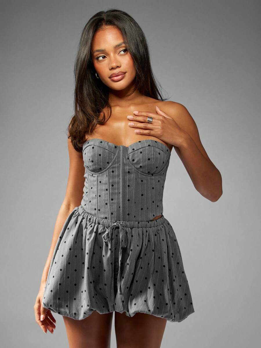 MISSGUIDED Strapless Pinstripe Polka Dot Bubble Hem Shorts With Drawstring Tie Summer Festival Casual Wear - Dark Grey - View 1