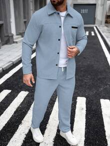 Manfinity Homme Men's Pocket Corduroy Shirt & Elasticated Waistband Pants Casual Suit Men 2 Pieces Leisure Suits Dusty Blue Suits For Men Baby Blue Men Outfit Men Dressy Set, For Winter - Baby Blue - View 6