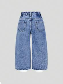 SHEIN 少女牛仔裤，2025年秋冬新品，四季皆宜，中蓝色牛仔布，可爱休闲，蝴蝶和彩虹印花图案，少女牛仔裤，破洞设计，宽松阔腿，舒适棉质牛仔布，适合日常穿着、上学、通勤 - 中等水洗藍 - 查看 2