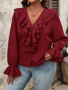 SHEIN VCAY Plus Size Women Casual Vacation Style Solid Color V-Neck Ruffle Trim Loose Blouse - Burgundy - View 5