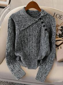 Franclia 休闲编织长袖套头针织毛衣，百搭 - 黑與白 - 查看 1