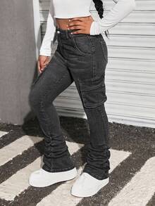 SHEIN Quần jeans ống loe Y2K màu trơn giặt, có xếp ly và túi nắp dành cho bé gái tuổi teen - màu đen - Xem 7