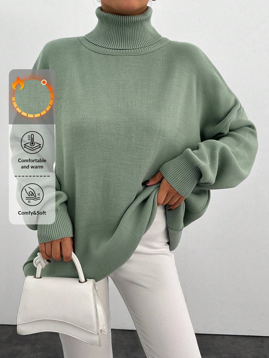 EURMUSE Women High Neck Dropped Shoulder Long Sleeve Casual Loose Knit Sweater, Autumn/Winter - Mint Green - View 1