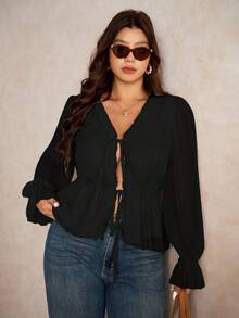 Elaquor Áo sơ mi dài tay đơn sắc, nhún bèo, thường ngày, đa năng, cỡ lớn - màu đen - Xem 5