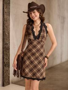 Wildy Casual American Western Plaid Contrast Lace Mini Dress - Multicolor - View 4