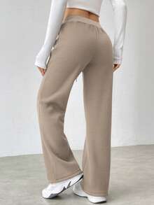 Flirla Women's Low Waist Solid Color Drawstring Waist Casual Sweatpants - Khaki - View 2
