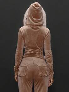 MUSERA Velour Zip Through Furry Trimmed Cinched Waist Fitted Hoodie Autumn  Fall Going Out Everyday Night Out Sexy Streetwear Elegant Holidays Spring Summer - Brown - View 2