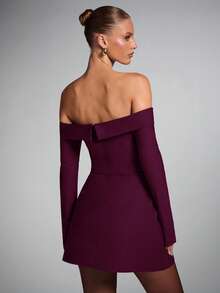 SHEIN BAE 女式纯色露肩喇叭袖时尚连衣裙 - 中紫紅色 - 查看 2