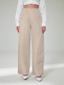 SHEIN Tall 秋冬女士浅米色色织条纹西装裤，优雅通勤约会，百搭日常穿着 - 卡其色 - 查看 3