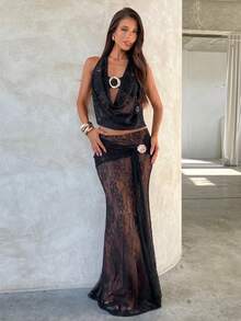 Aloruh Áo hai dây cổ ren hở lưng gợi cảm Y2K dành cho nữ - màu đen - Xem 3