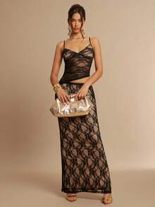 Silquee Elegant Black Floral Lace Transparent Maxi Dress,Summer Spaghetti Strap Asymmetrical V-Neck Slim See-Through Dress,Bar Party Date Evening Gown - Black - View 3