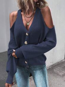 EMERY ROSE Women's Solid Color V-Neck Off-Shoulder Long Sleeve Knit Loose Casual Cardigan - Navy Blue - View 3