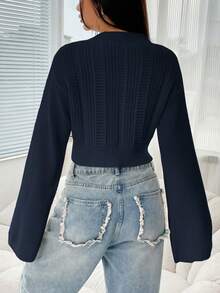 SHEIN EZwear 秋冬女装简约休闲藏青色立领喇叭长袖短款毛衣 - 藏蓝色 - 查看 2