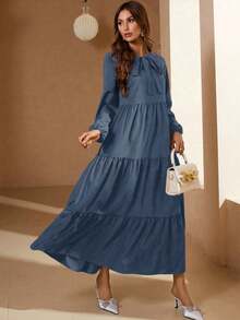 Mulvari Tie Neck Lantern Sleeve Ruffle Hem Dress Maxi Women Outfit - Dusty Blue - View 4