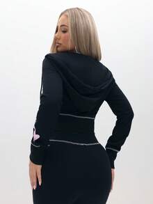 BABYPHAT 女士猫咪印花长袖拉链短款连帽衫 - 黑色 - 查看 2