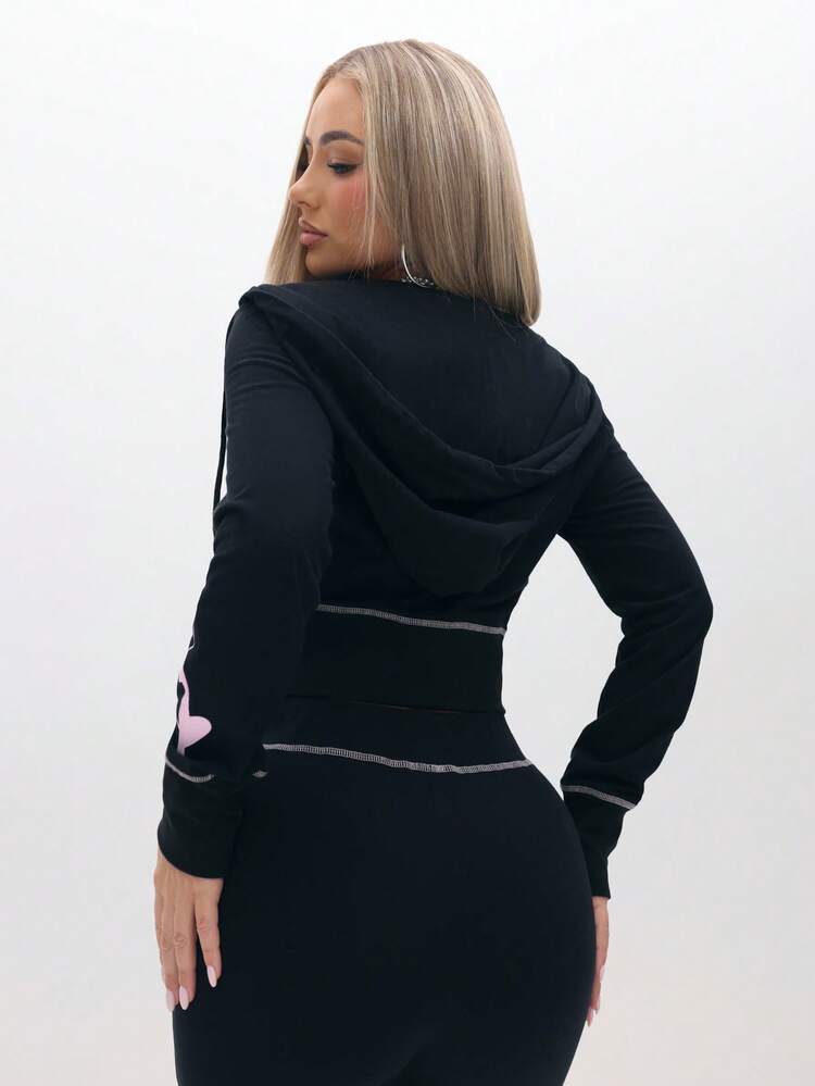 BABYPHAT Women Cat Print Long Sleeve Zip Front Cropped Hoodie