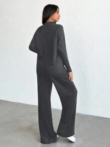 SHEIN Tall Women's Mock Neck Raglan Sleeve Knitted Sweater 2pcs/Set - Grey - View 2