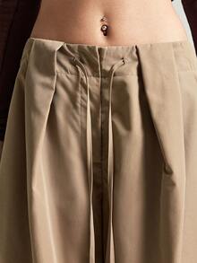 Easelle Vintage Nomadic Waist Drawstring Design Curved Blade Comfortable Casual Women Curved Blade Pants Oversized Pants Drawstring Pants Wide Pants Pleated Pants Loose Pants - Brown - View 5