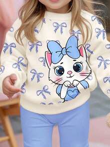 2pcs/Set Baby Girl Casual Loose Thick Soft Round Neck Long Sleeve Sweatshirt And Leggings Set, Cream White & Cream Blue, Cute Cartoon Cat, Leopard Bow Print, Suitable For Autumn & Winter - Multicolor - View 6