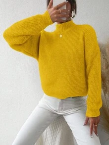 EURMUSE Women'S Stand Collar Drop Shoulder Sweater - Yellow - View 4