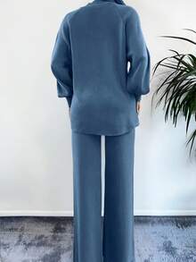 EURMUSE Mock Neck Raglan Sleeve Sweater & Knit Pants Without Belt - Blue - View 2