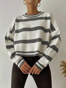 EURMUSE Jersey con patrón de rayas de hombros caídos - Multicolor - Ver 6